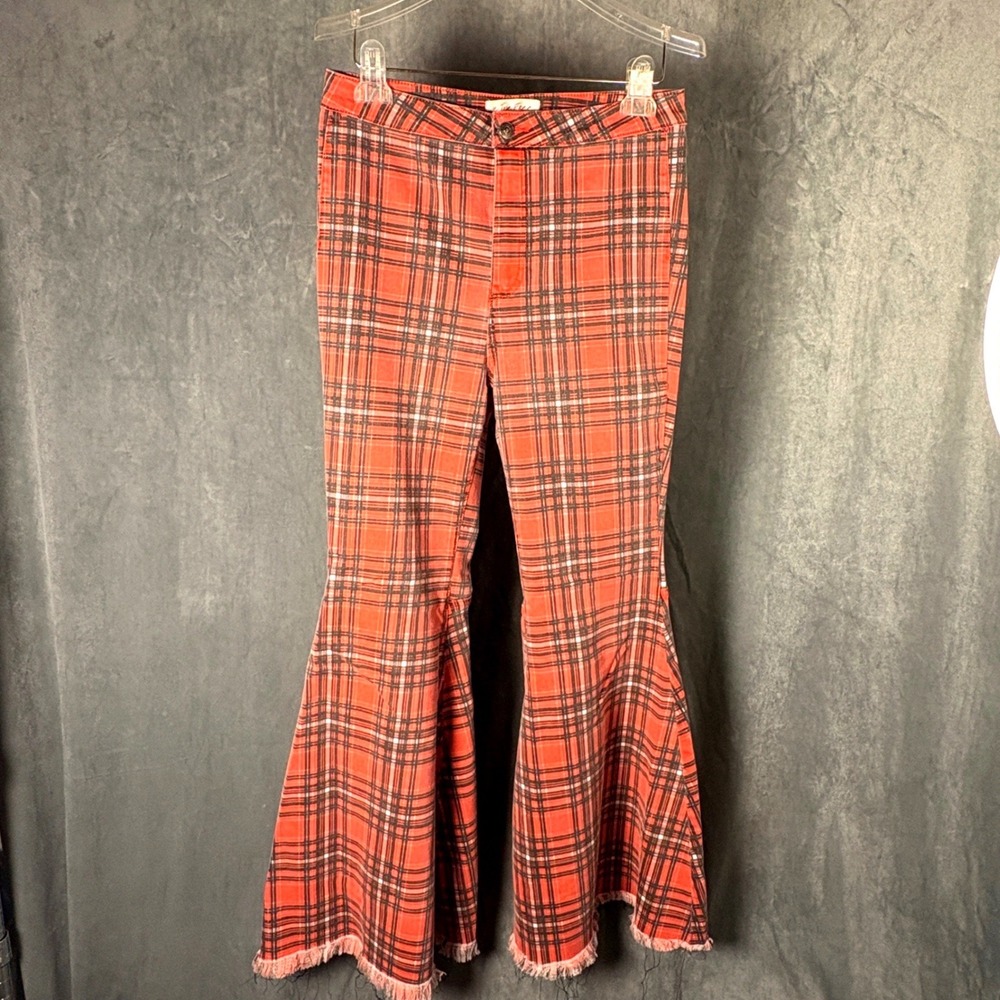 We The Free People Red Plaid Just Float On Bell Bottom Pants Raw Hem Boho Sz 31